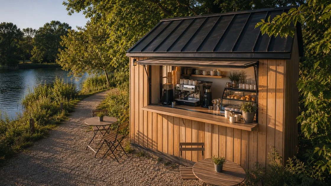 The coffee hatch open on a summer evening, with the espresso machine and pastries under the awning