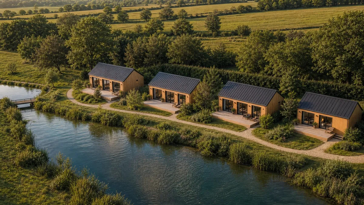 Four timber cabins spaced along the far bank of Chad Pool, seen from above at golden hour